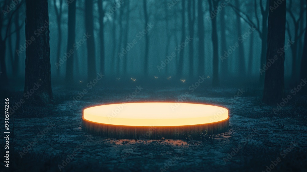 Poster mysterious glowing platform in a dark forest with trees and fog.