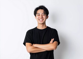 Obraz premium Empowered Asian Youth Smiling Man in Black Top Representing International Volunteerism