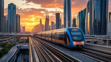 Train in the City at Sunset