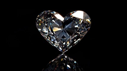 A heart-shaped diamond with many facets, on a black background, reflecting light.