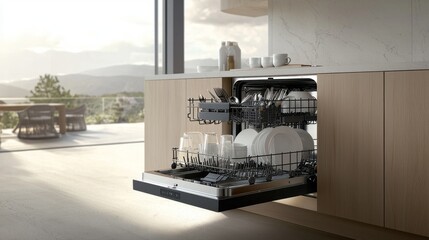 Open built-in dishwasher machine with clean cutlery, dishes, plates in white modern kitchen. front view