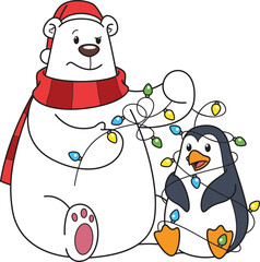 Cartoon christmas polar bear helping penguin tangled in christmas lights vector illustration