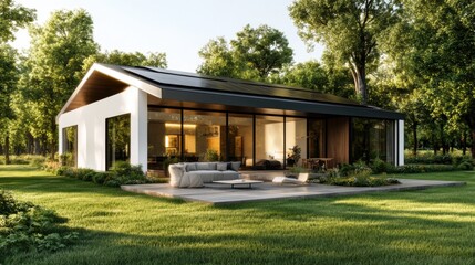 Modern house with large windows in a green garden, surrounded by trees.