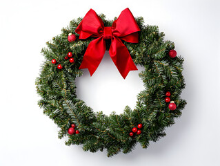 Simple wreath made of green leaves and a red bow.


