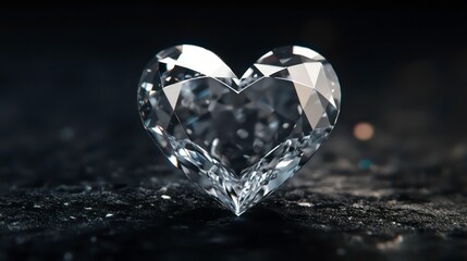 A sparkling heart-shaped diamond resting on a dark surface.