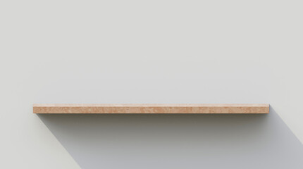 Empty wooden shelf on a white wall. Display stand wooden shelf on white wall. Trophy stand. Product display shelf 3d illustration. 3d shelf render.