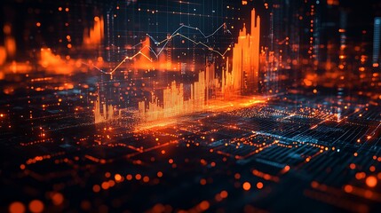 Obraz premium A complex data visualization featuring interconnected graphs for GDP growth, inflation, and unemployment rates, with stock market trends forming the central focus.