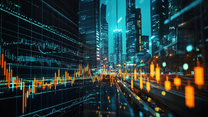 Obraz premium A stock market bar chart set against the backdrop of a contemporary business center, symbolizing concepts of financial investment and trading.