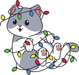 Cartoon funny cat tangled in christmas lights vector illustration