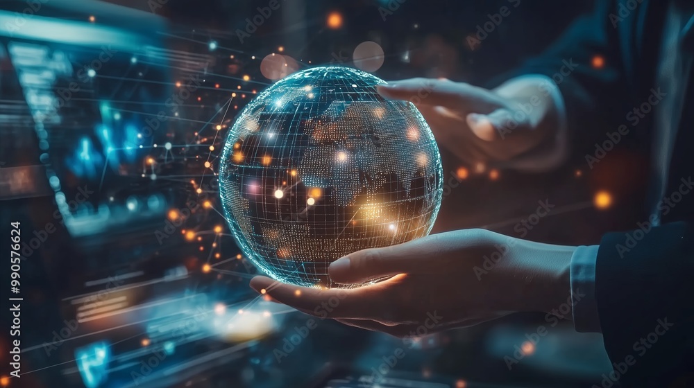 Poster a person holds a glowing digital globe with interconnected networks, representing global data exchan
