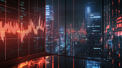 A stock market bar chart set against the backdrop of a contemporary business center, symbolizing concepts of financial investment and trading.