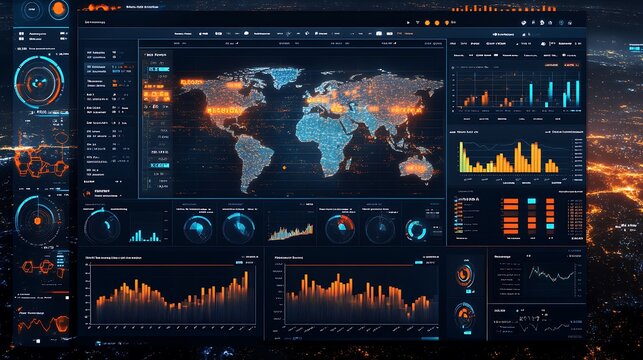 A financial dashboard layout with prominent GDP growth graphs, inflation rates as side metrics, and unemployment figures decreasing over time, all overlaid on a stock market trend line.