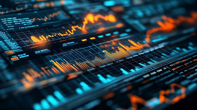 A financial dashboard layout with prominent GDP growth graphs, inflation rates as side metrics, and unemployment figures decreasing over time, all overlaid on a stock market trend line.