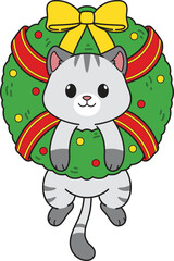 Cartoon cute cat in christmas wreath vector illustration