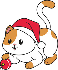 Cartoon playful cat wearing christmas hat vector illustration