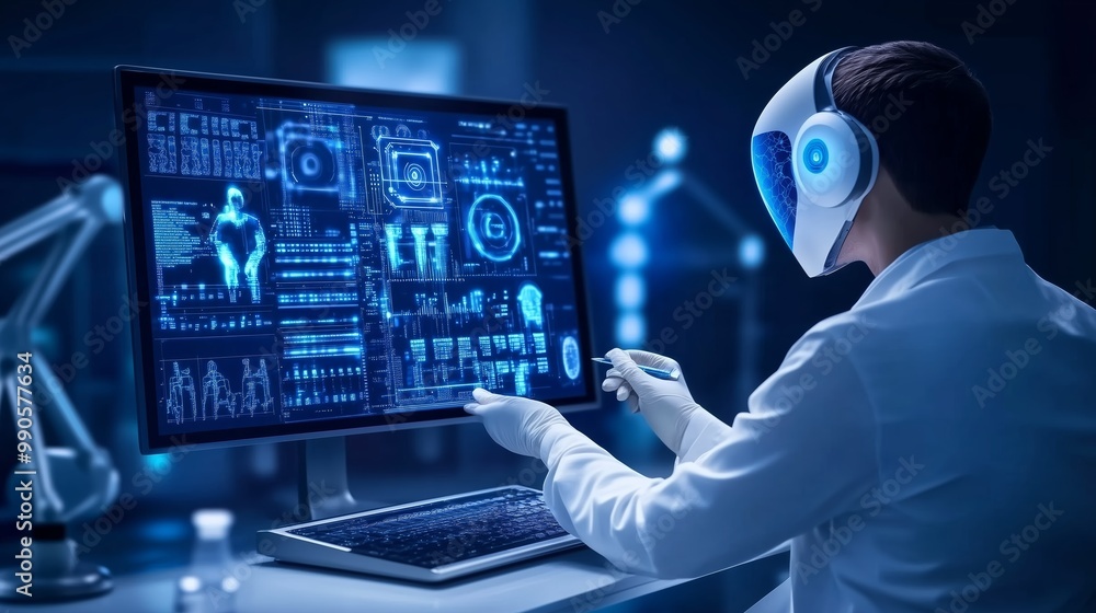Poster a scientist in a futuristic lab engaging with advanced technology and data analysis on a computer di