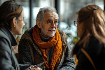 Elderly man engages in thoughtful conversation with two women indoors