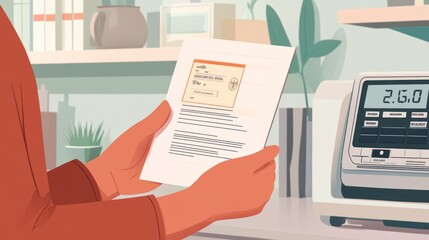 Obraz premium A person holding a document in a modern setting with a digital display nearby.