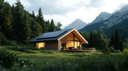 Fototapeta premium Modern wooden house surrounded by mountains and trees during sunset.
