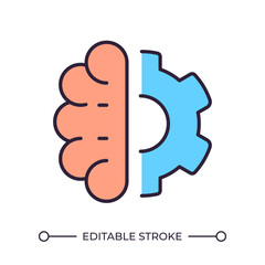 Human brain and gear RGB color icon. Combination of logic and creativity. Problem solving. Human thinking and technology. Isolated vector illustration. Simple filled line drawing. Editable stroke