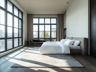 Fototapeta premium Minimalistic luxury apartment with a white stylish bedroom and dark-toned living room, showcasing an open layout and sunlight streaming through large windows
