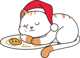 Cartoon christmas cat sleeping after eating cookies vector illustration