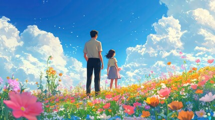 Fototapeta premium A man and woman stand in a field of wildflowers, looking up at the clouds in the sky.