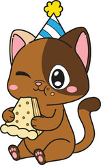 Cartoon birthday cat eating cake vector illustration