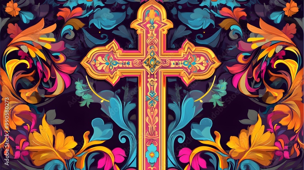 Poster 1. **create a vibrant vector illustration of a christian cross, featuring a mosaic of bright colors 