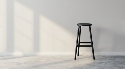 Minimalist black stool against a simple wall with soft natural light.