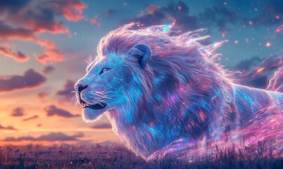 Naklejka premium White lion with glowing fur at sunset.
