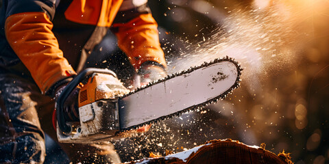 construction worker operating a chainsaw, with wood chips flying as the tool cuts through the material. Action and precision, set against a blurred background with warm lighting