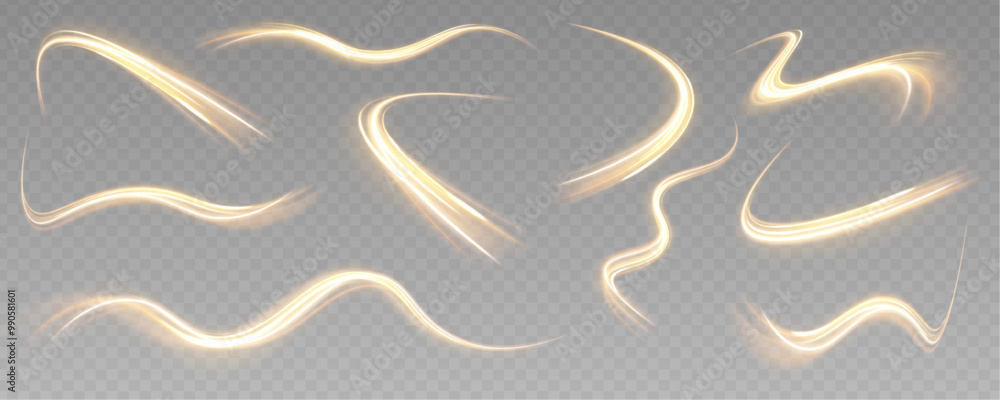 Poster Set of curved yellow light lines on transparent background. Vector transparent sunlight special lens flare light effect. Blurred overlay effect for photo and mockups.	