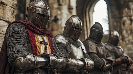Fototapeta premium Four Knights in Full Armor Standing in an Ancient Stone Building