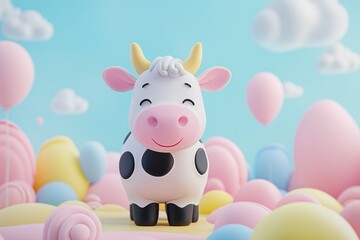 Naklejka premium Cute Cartoon Cow with Colorful Balloons and Clouds