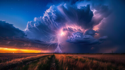 Lightning bolt in the dark sky, night image