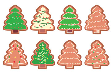 Set of ginger bread cookies on the christmas day celebration. Winter homemade xmas sweets in shape of house and gingerbread man, star and snowflake, santa and heart, bird and rabbit and sock. Cartoon 