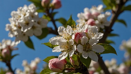 Obraz premium Apple blossoms against a bright blue sky.