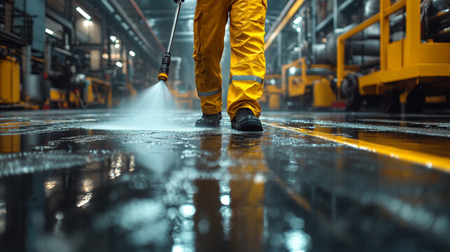 Person in yellow overalls operates industrial cleaning equipment, spraying water on floor in a large facility.