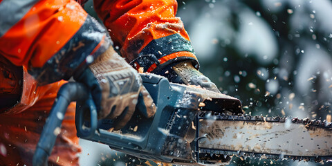 construction worker operating a chainsaw, with wood chips flying as the tool cuts through the material. Action and precision, set against a blurred background with warm lighting