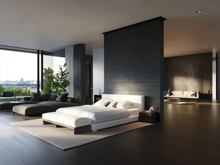 Modern luxury apartment with an open layout featuring a white minimalist bedroom and a dark, moody living room, bathed in daylight through large windows