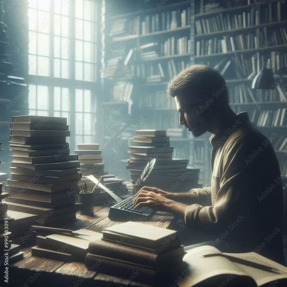 Poster a man immersed in his work types on a typewriter in a library filled with books. natural light from 