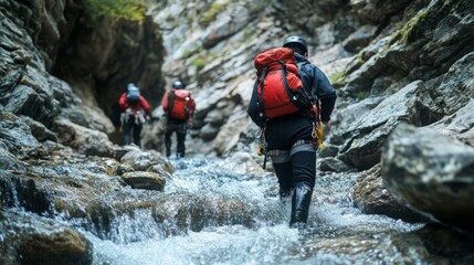 Obraz premium Adventurers traverse a rocky stream in a narrow canyon, equipped with red backpacks, showcasing an exhilarating outdoor experience.