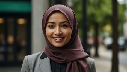 Asian Muslim businesswoman in professional attire and hijab, smiling.