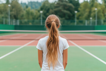 Back view of young female tennis player on outdoor court, ready for match, wearing ponytail and white sportswear