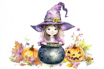 Cute Watercolor Witch with Cauldron and Pumpkins Halloween Illustration