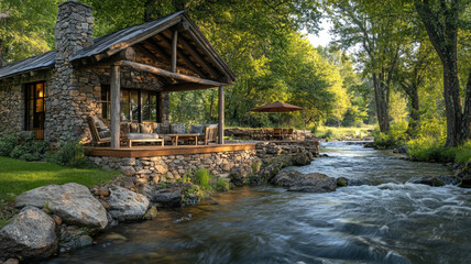A cozy stone-and-wood cabin with a porch overlooking a gently flowing creek, surrounded by lush greenery and offering comfortable seating for relaxation by the water.