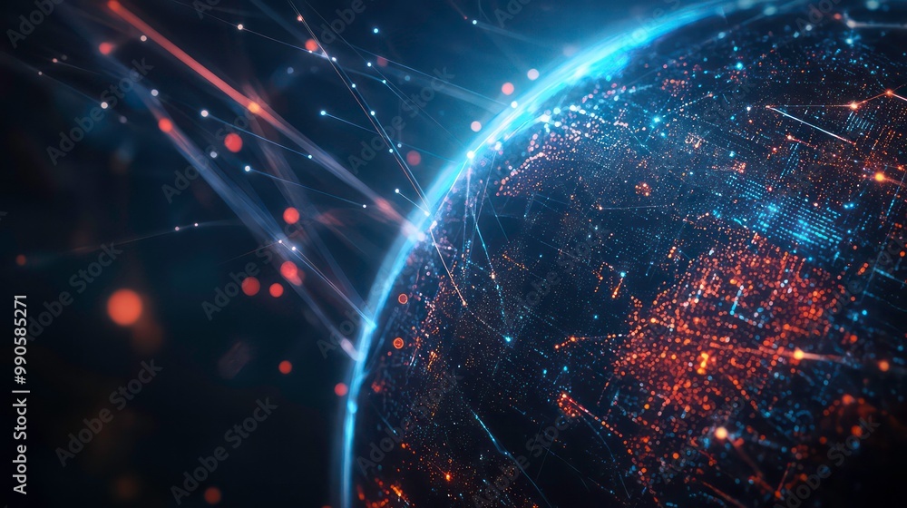 Poster abstract digital representation of earth with lines and glowing lights.
