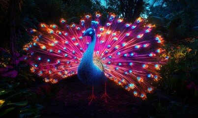 Obraz premium A glowing peacock in a dark forest.