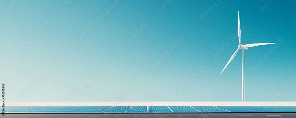 Poster a minimalistic composition featuring a single solar panel and a wind turbine against a clear blue sk
